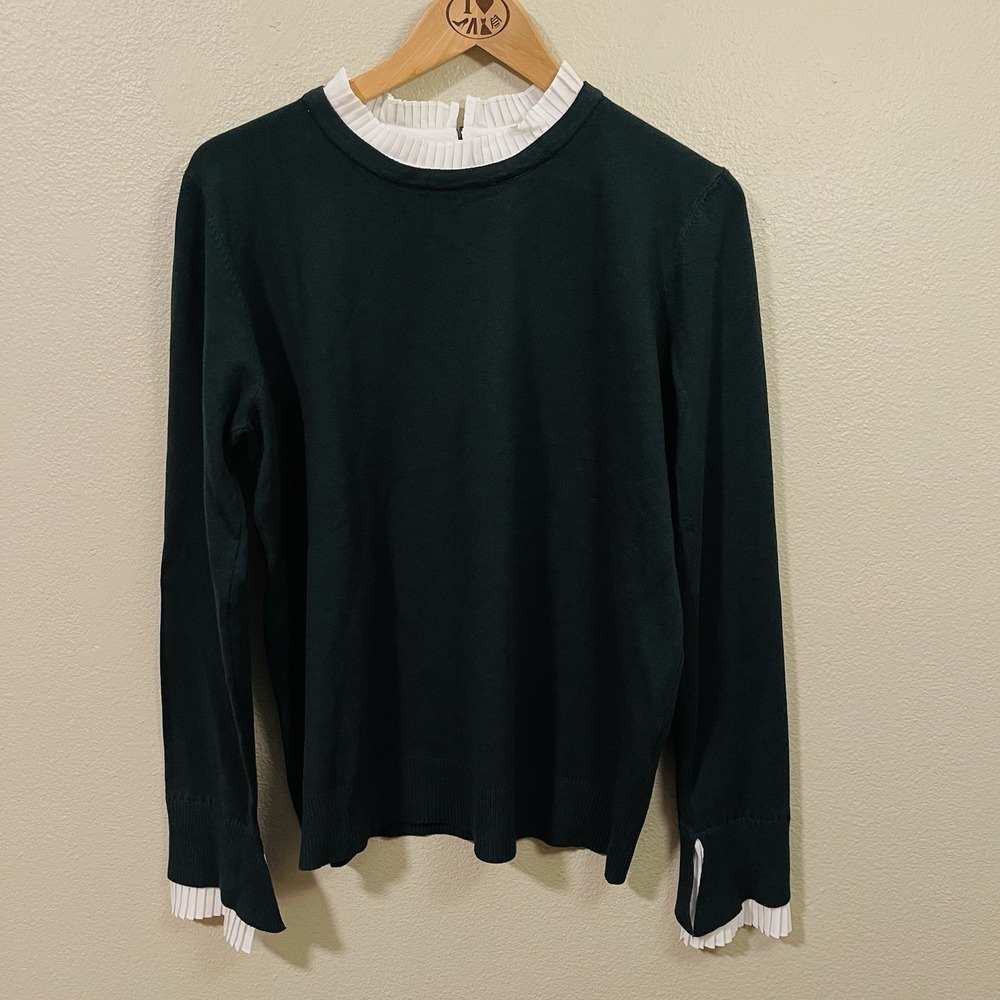 Vila Milano Green Knit Sweater Pleated Mock Neck Cuffs Victorian‎ Wool Blend XL